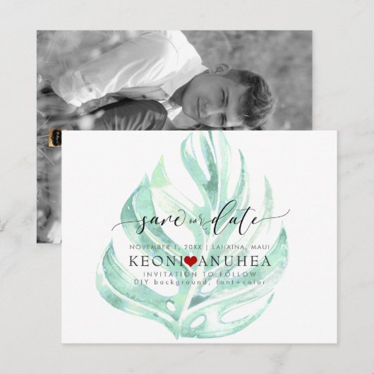 Pix Dezines Rett Datum/Grüne, Monstera Save The Date (Vorne/Hinten)