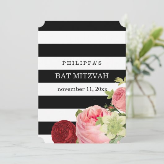 Pix Dezines Schwarz-weiße Streifen Mitzvah Einladung (Stehend Vorderseite)