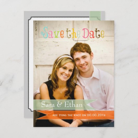 Pix Dezines seafoam+orange Save the Date Ankündigungspostkarte (Vorne/Hinten)
