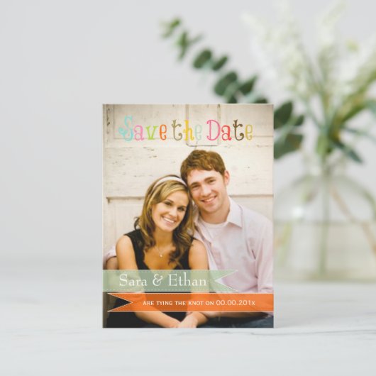 Pix Dezines seafoam+orange Save the Date Ankündigungspostkarte (Stehend Vorderseite)