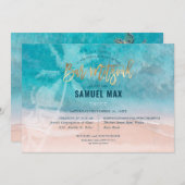 Pix Dezines surft hoch, Palmen, Strand ba mitzvah  Einladung (Vorne/Hinten)