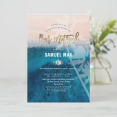 Pix Dezines surft hoch, Palmen, Strand Bar mitzvah Einladung (Stehend Vorderseite)