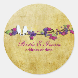 Pix Dezines Vintage Liebesvögel / Lila Blüten Runder Aufkleber