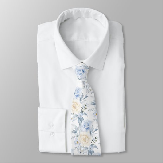 Pix Dezines Watercolor Rose Blaue Creme Neck Tie Krawatte (Gebunden)
