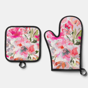 Pix Dezines Watercolor Sommergarten Rose Ofenhandschuh & Topflappen-Set