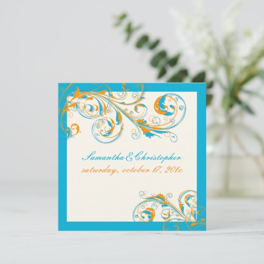 Pix Dezines Wirbel|coral+aqua|DIY Einladung (Stehend Vorderseite)