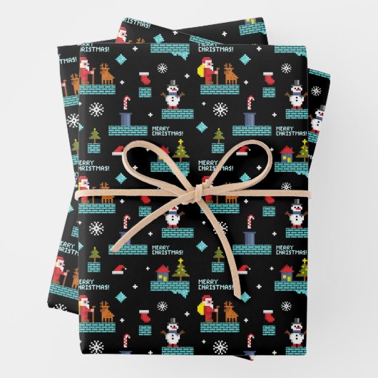 Pixated Frohe Weihnachtsmuster - Retro Design Geschenkpapier Set (Beispiel)