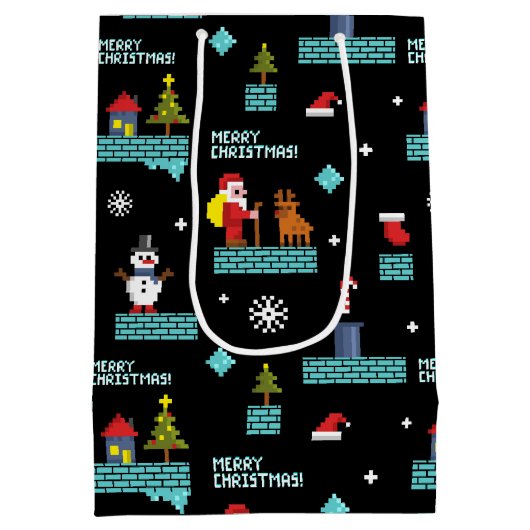 Pixated Frohe Weihnachtsmuster - Retro Design Mittlere Geschenktüte (Rückseite)