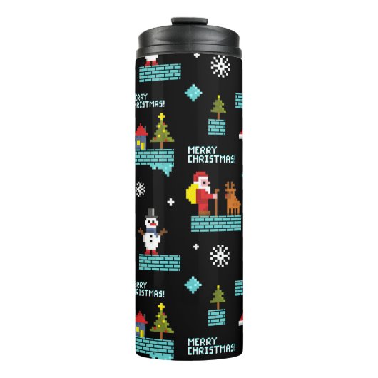 Pixated Frohe Weihnachtsmuster - Retro Design Thermosbecher (Vorderseite)
