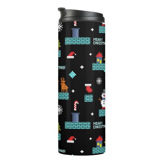Pixated Frohe Weihnachtsmuster - Retro Design Thermosbecher (Nach rechts gedreht)
