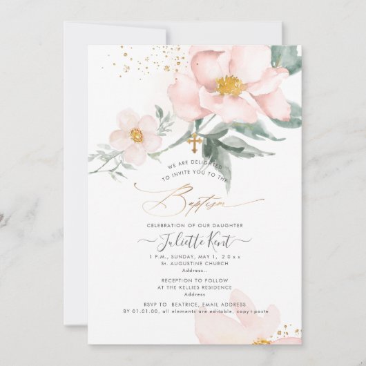 PixDezin H2 Single Petal Blush Rose Taufe Einladung (Vorderseite)