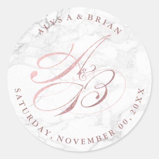PixDezine DIY Monogramme/Marmor/Imitate Rose Gold Runder Aufkleber (Vorderseite)