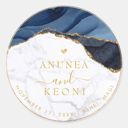 PixDezine H2 Blue Agate + Marble Faux Gold Heart Runder Aufkleber (Vorderseite)