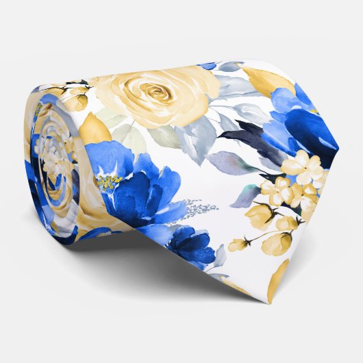 PixDezine H2 Blume Cerulean Blue Gold Rose Krawatte (Gerollt)