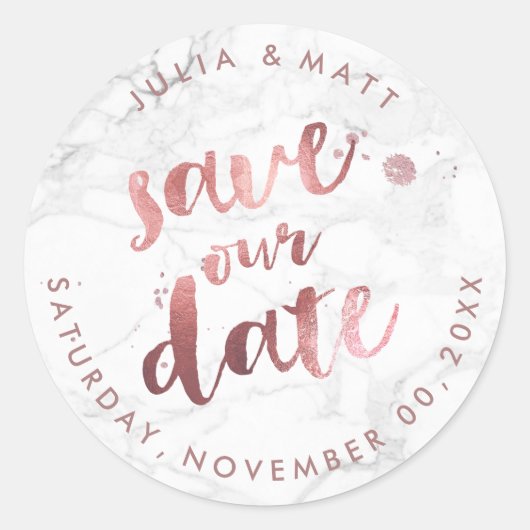 PixDezine Marble Save the Date/Imitate Rose Gold Runder Aufkleber (Vorderseite)