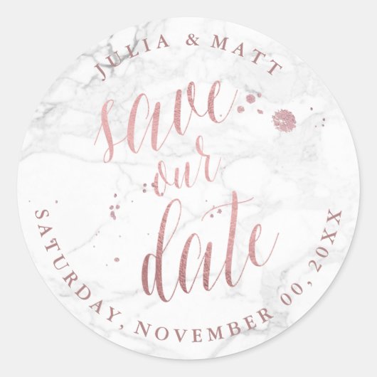 PixDezine Marble Save the Date/Imitate Rose Gold Runder Aufkleber (Vorderseite)