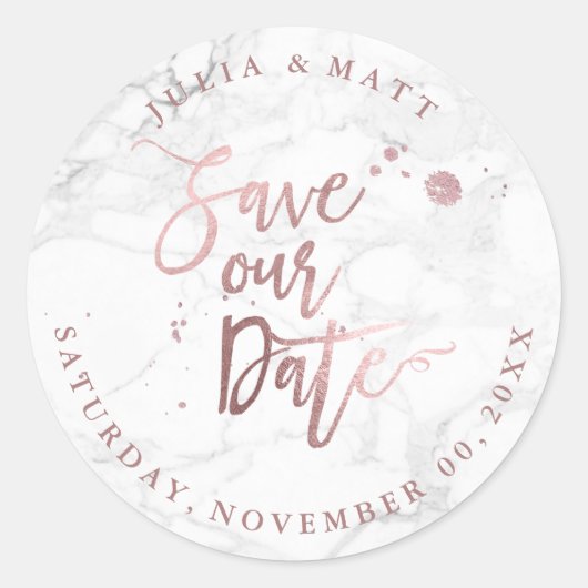 PixDezine Marble Save the Date/Imitate Rose Gold Runder Aufkleber (Vorderseite)