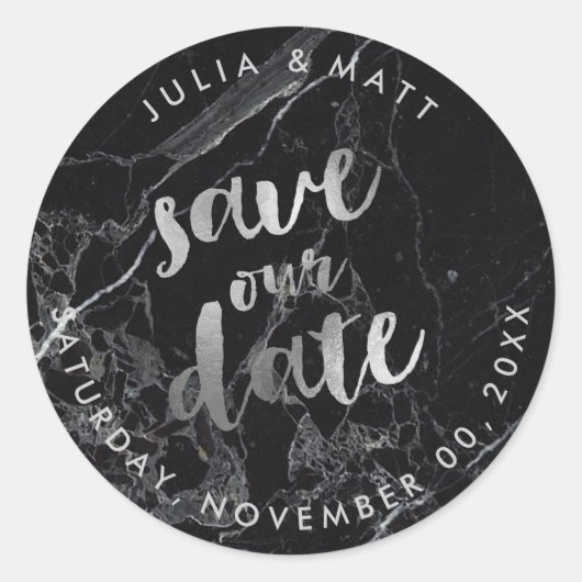 PixDezine Marble Save the Date/Imitate Silver Runder Aufkleber (Vorderseite)
