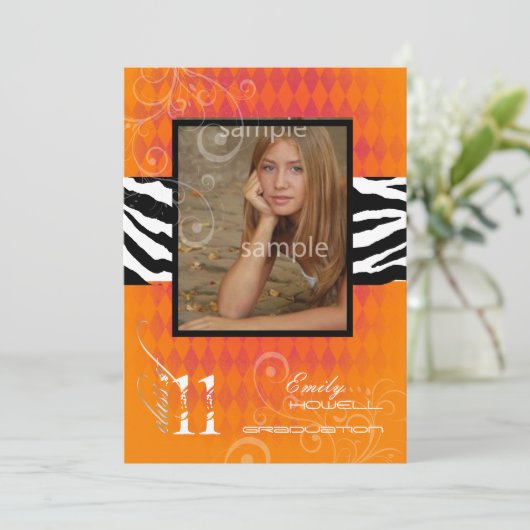 PixDezines 2011 Abschluss, Orange Harlequin+Zebra Einladung (Stehend Vorderseite)