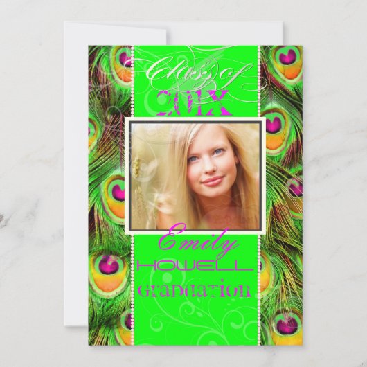 PixDezines 2012 Grads, neongrüner Pfau Einladung (Vorderseite)