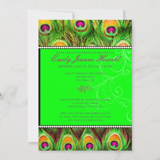 PixDezines 2012 Grads, neongrüner Pfau Einladung (Rückseite)