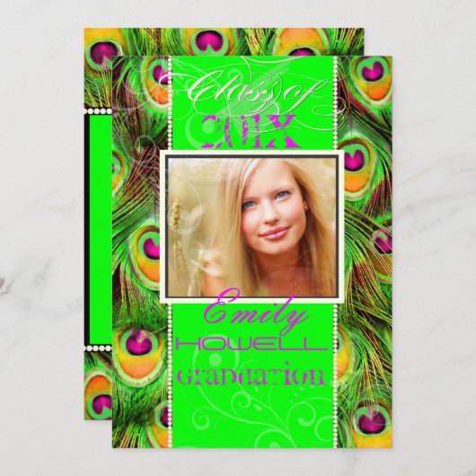 PixDezines 2012 Grads, neongrüner Pfau Einladung (Vorne/Hinten)