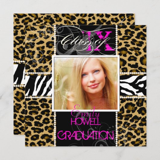 PixDezines 2013 Grads, Cheetah+Zebra/DJ-Farben Einladung (Vorne/Hinten)