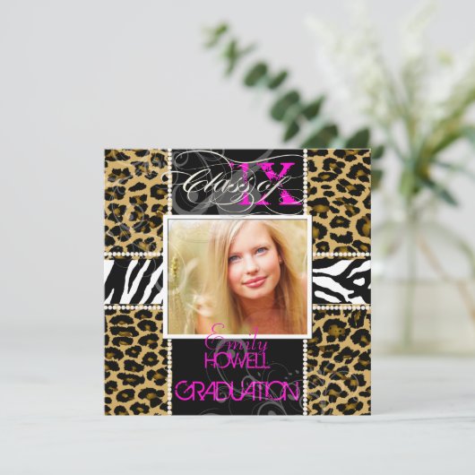 PixDezines 2013 Grads, Cheetah+Zebra/DJ-Farben Einladung (Stehend Vorderseite)