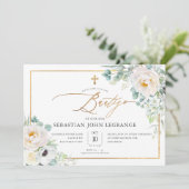 PixDezines Acuarela Peonias Eucalipto Batismo Einladung (Stehend Vorderseite)