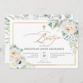 PixDezines Acuarela Peonias Eucalipto Batismo Einladung (Vorne/Hinten)