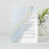PixDezines Alcohol+Ink Dusty Blue Gold Christening Einladung (Stehend Vorderseite)
