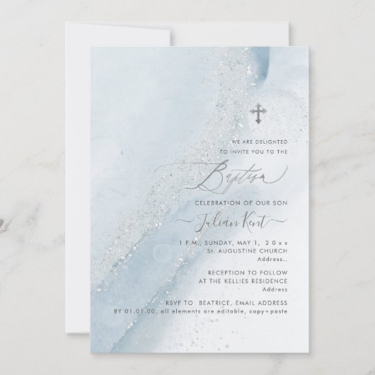 PixDezines Alcohol+Ink Dusty Blue Silver Taufe Einladung (Vorderseite)
