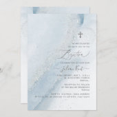 PixDezines Alcohol+Ink Dusty Blue Silver Taufe Einladung (Vorne/Hinten)