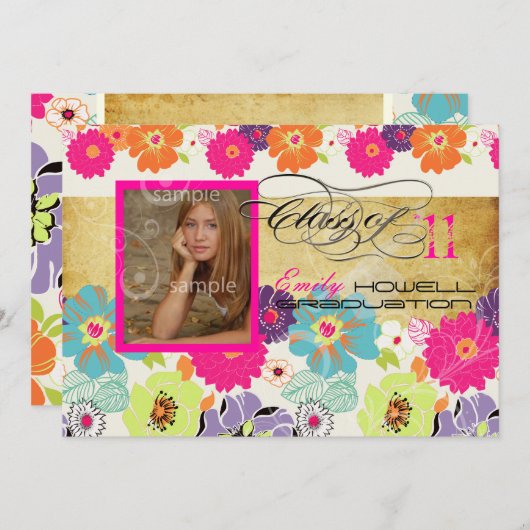 PixDezines ALEGRE RETRO BLUME GRADUATI Einladung (Vorne/Hinten)