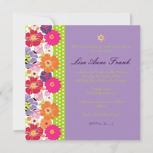 PixDezines Alegre Retro-Blüte, Bat Mitzvah Einladung (Rückseite)