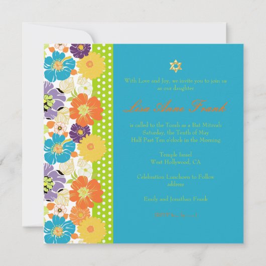PixDezines Alegre Retro-Blüte, Bat Mitzvah Einladung (Rückseite)