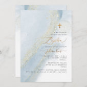 PixDezines Alkohol+Tinte Taufe Blauer Gold Einladung (Vorne/Hinten)