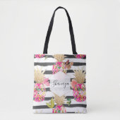 PixDezines Aloha Ananas+Floral+Schwarze Streifen Tasche (Vorderseite)