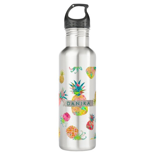 PixDezines Aloha Ananas+Floral Wasserfarbe Edelstahlflasche (Vorderseite)