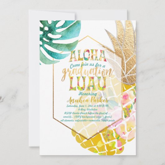 PixDezines Aloha Ananas/Golden/Abschluss Luau Einladung (Vorderseite)