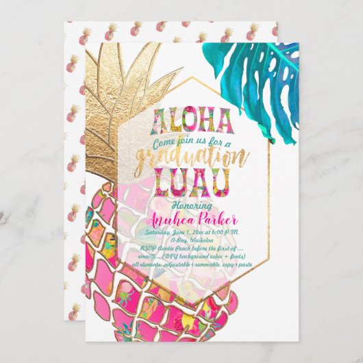 PixDezines Aloha Ananas/Pink/Abschluss Luau Einladung (Vorne/Hinten)