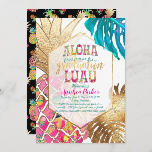 PixDezines Aloha Ananas/Rosa/Abschluss Luau Einladung (Vorne/Hinten)