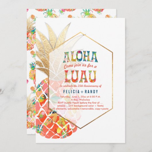 PixDezines Aloha Hawaiian Ananas/Orange/DIY Einladung (Vorne/Hinten)