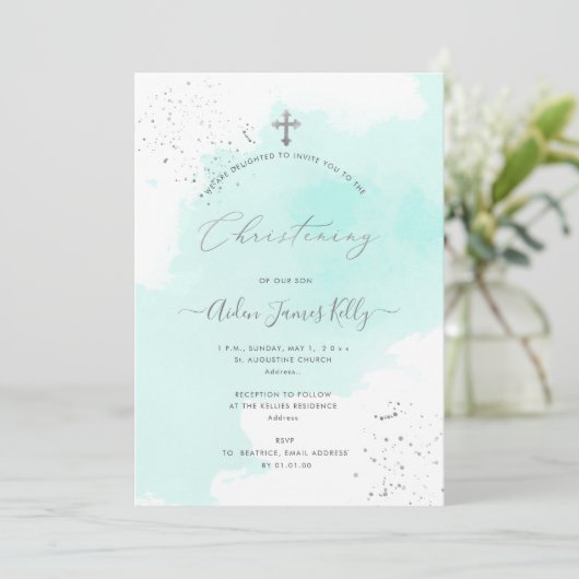 PixDezines Aqua Blauer Wasserfarbenfrost Einladung (Stehend Vorderseite)