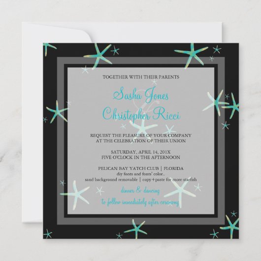 PixDezines aquamarin+goldfarbene Sterne-/Deuchhint Einladung (Rückseite)