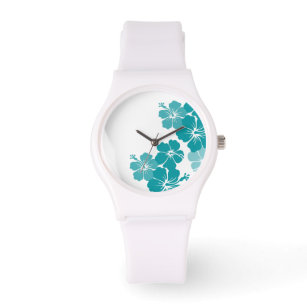 PixDezines aquamariner Hibiskus/Tageshintergrund Armbanduhr