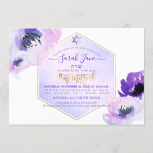 PixDezines Aquarell Blumen, violette Bat Mitzvah Einladung