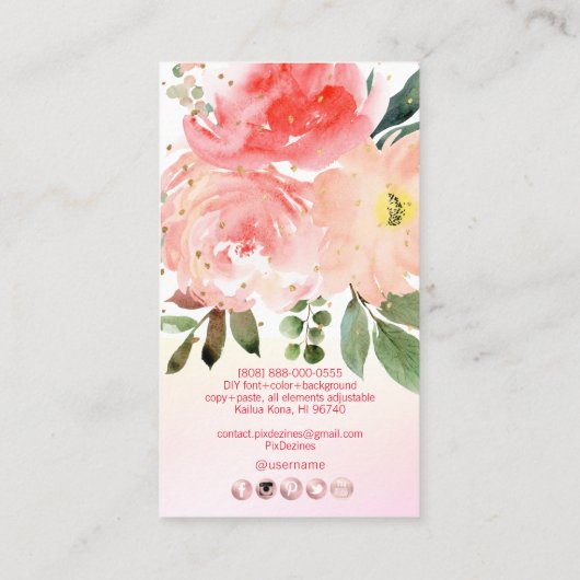 PixDezines Aquarellblush Peonies Gold Staub Busi Visitenkarte (Rückseite)
