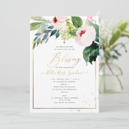 PixDezines Aquarellfarbe Delikate Blush Blütentauf Einladung (Stehend Vorderseite)