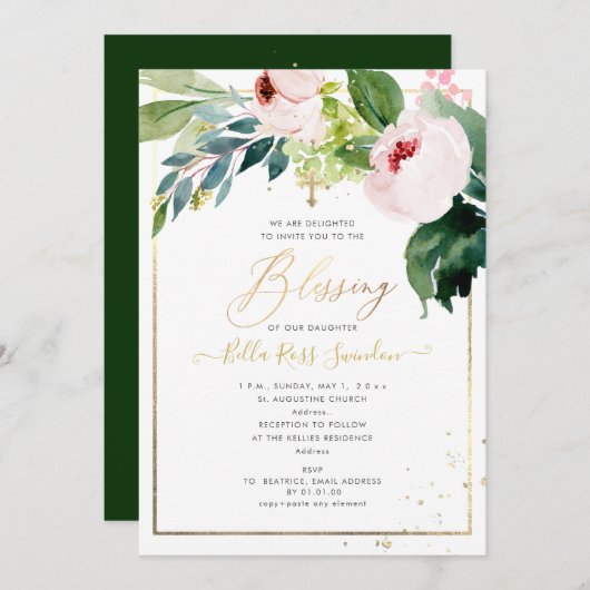 PixDezines Aquarellfarbe Delikate Blush Blütentauf Einladung (Vorne/Hinten)